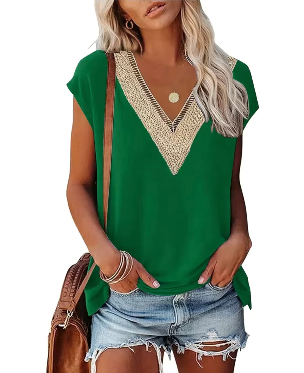 Eyelet Lace V Neck T-Shirt