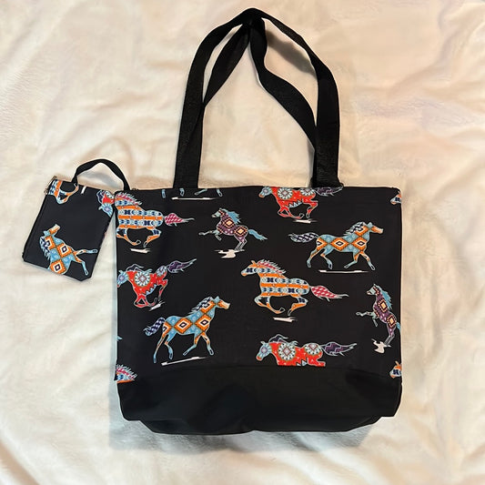 Horse Print Black Tote with Coin Purse